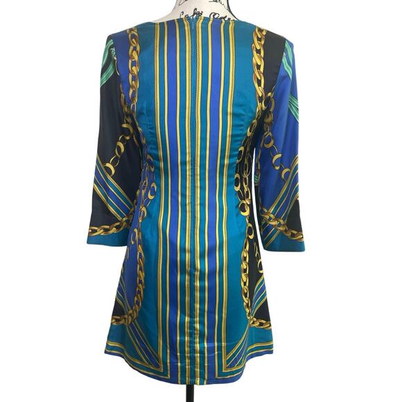 JULIE BROWN SHEATH DRESS 100% SILK SZ 0 EQUESTRIAN PRINT ECLECTIC CHIC COCKTAIL - Picture 8 of 16